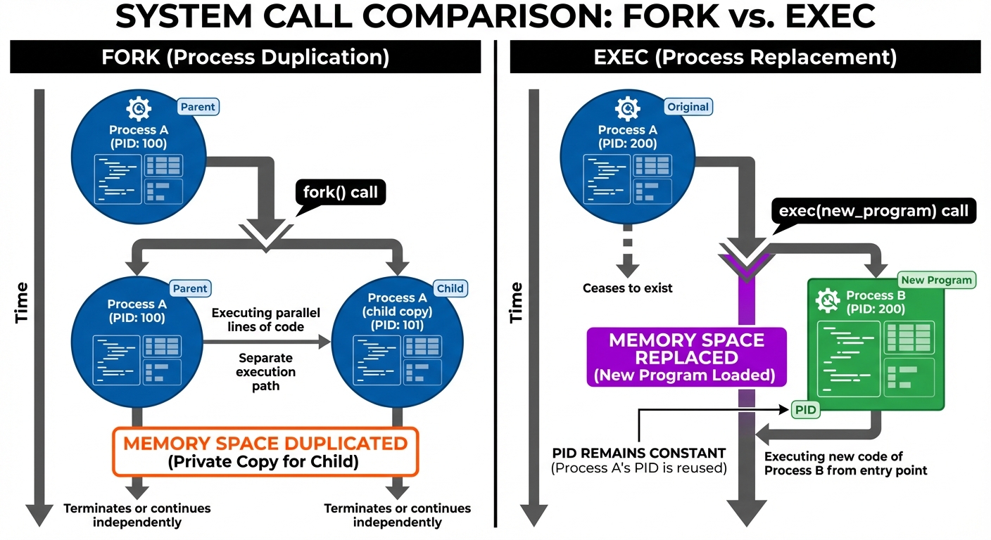 A comparison diagram split into two halves: "Fork" vs. "Exec". On the left (Fork): Show a flow where...