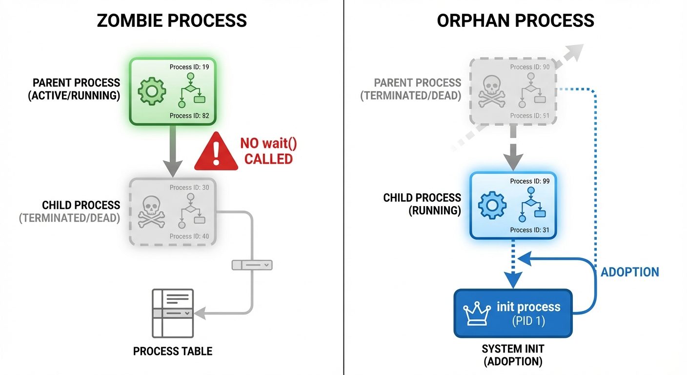 A comparison diagram split into two panels. Left panel titled "Zombie Process": Shows a Parent Proce...