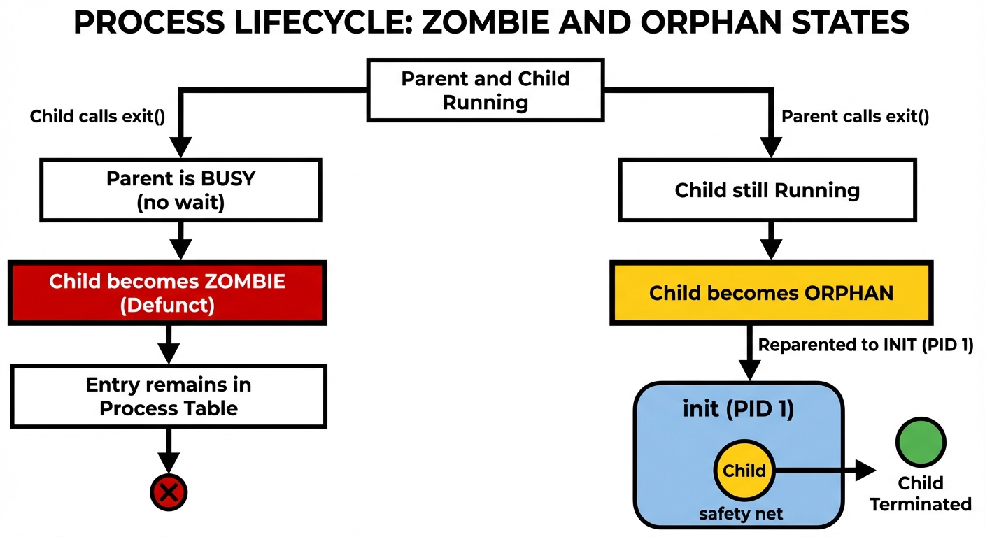 A flowchart illustrating the lifecycle of Zombie and Orphan processes. The chart should have two bra...