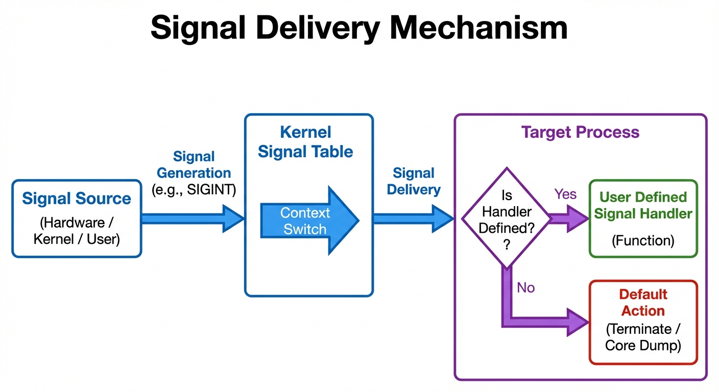 A block diagram showing the Signal Delivery Mechanism. On the far left, a block labeled "Signal Sour...