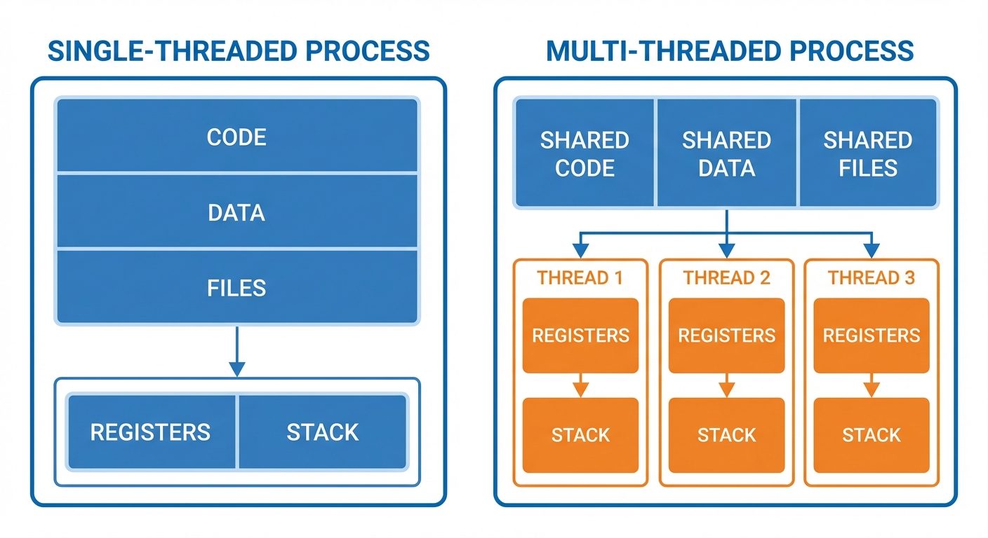 A comparative structural diagram showing the difference between a Single-threaded Process and a Mult...