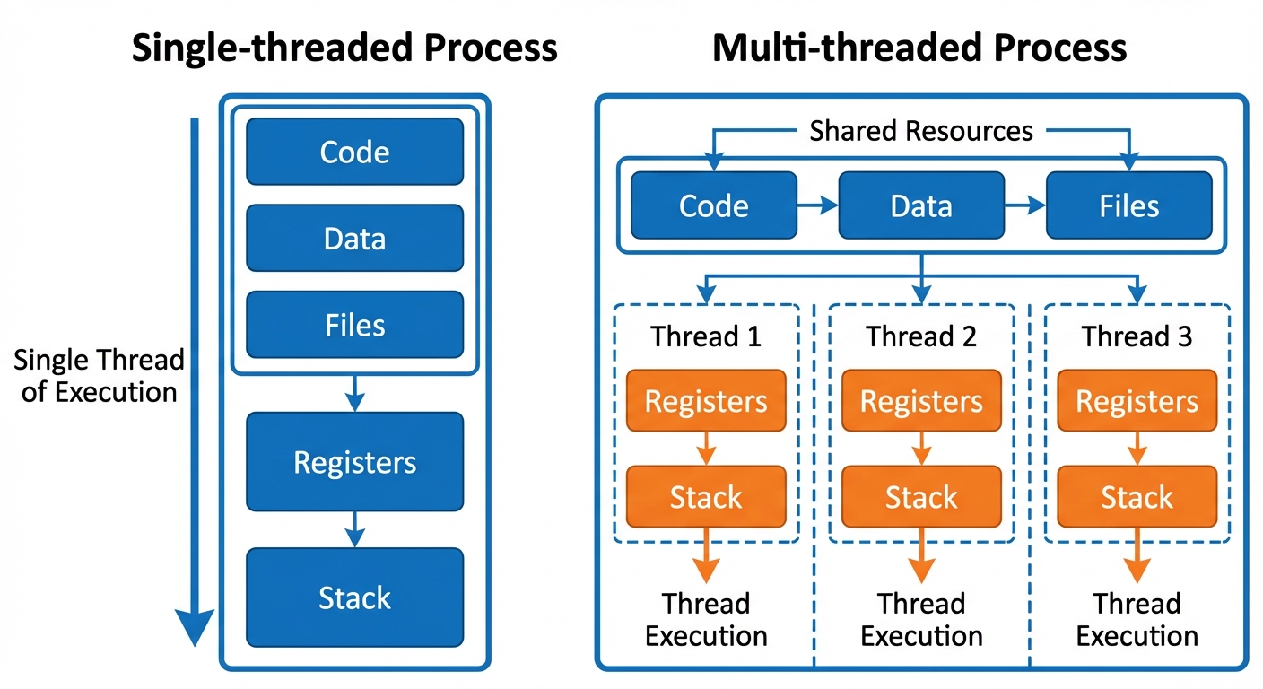A detailed comparative block diagram illustrating "Single-threaded Process" versus "Multi-threaded P...