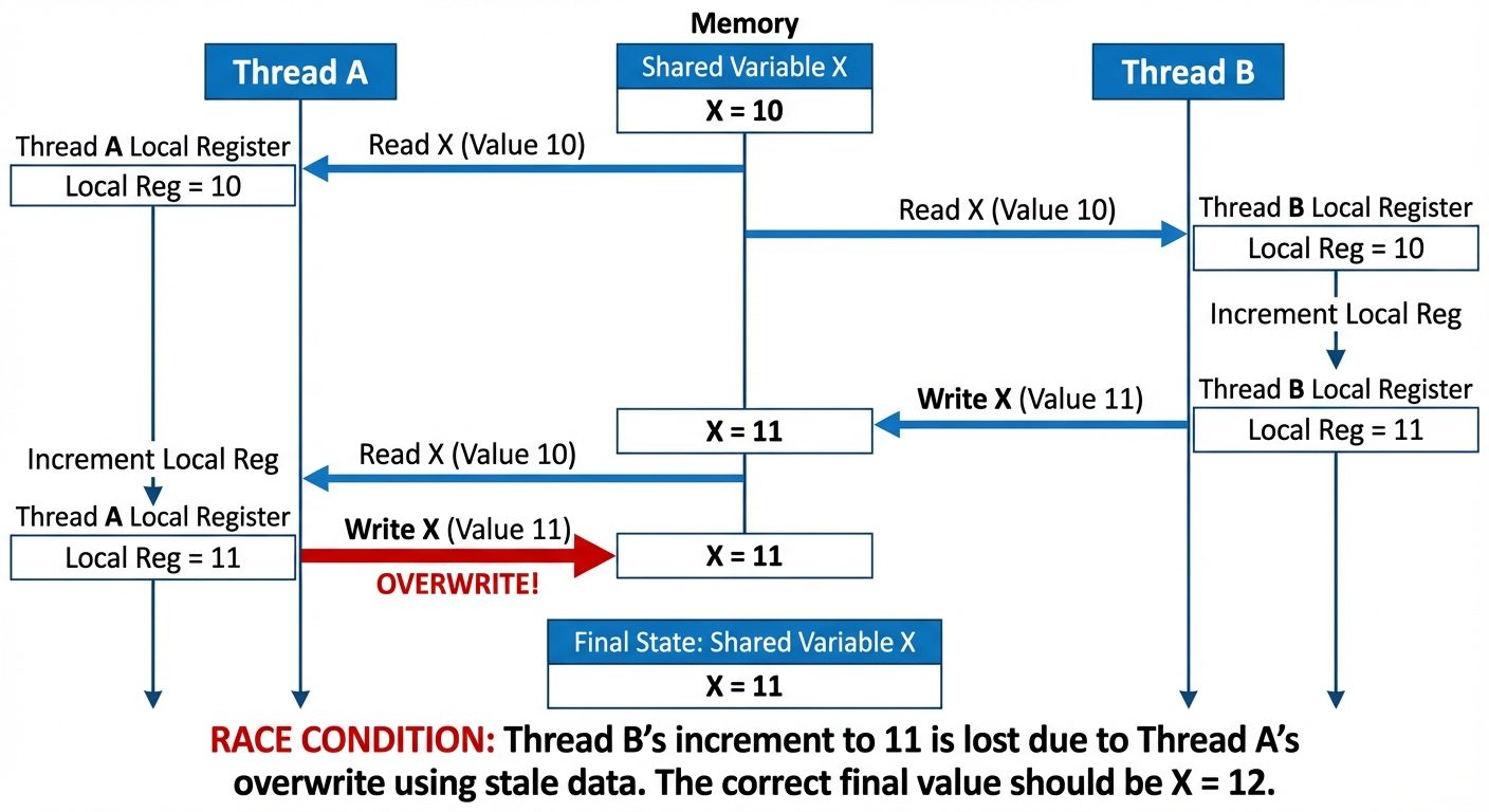 A timing diagram illustrating a Race Condition on a shared variable. The diagram should show a timel...