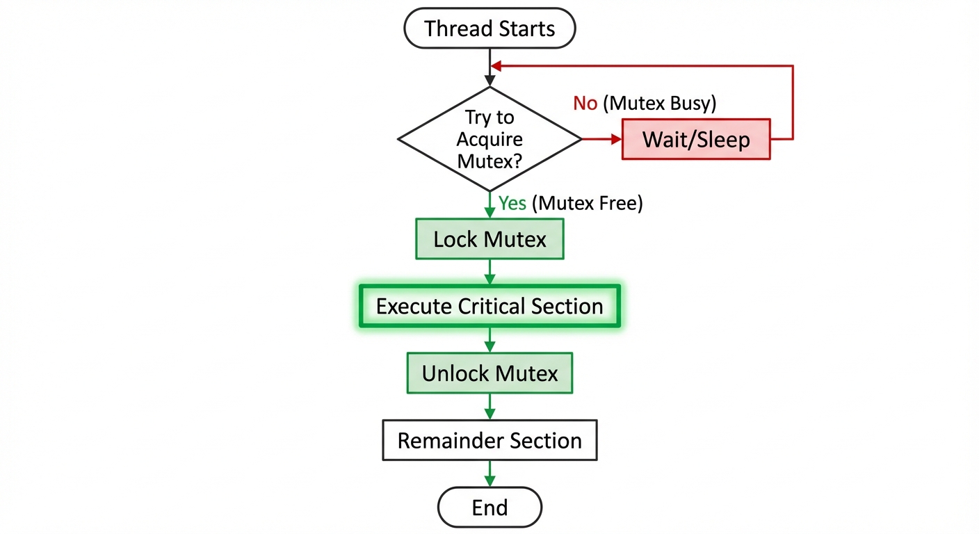 A flowchart diagram showing the logic flow of a Thread using a Mutex Lock. Start node at top "Thread...