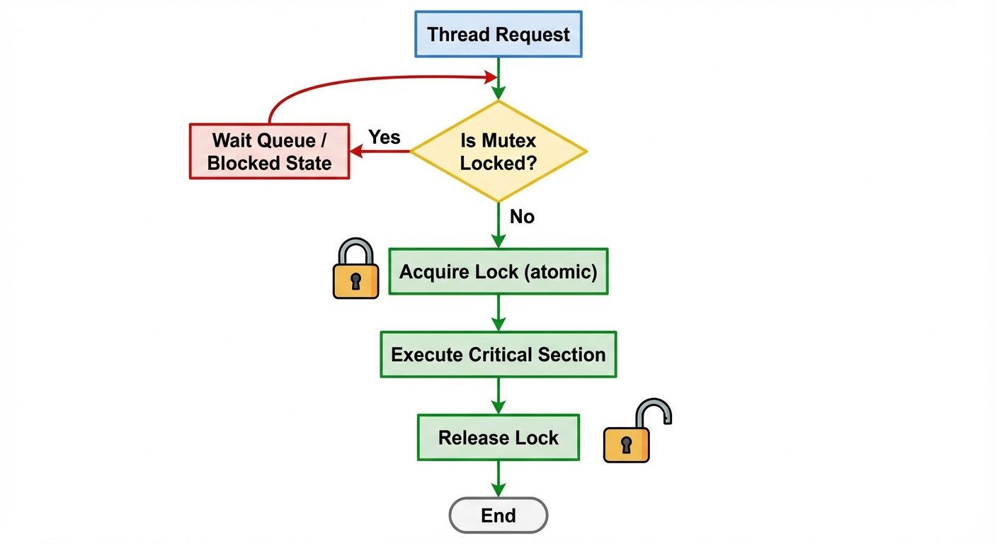 A flowchart diagram showing the logic of a Mutex Lock mechanism surrounding a Critical Section. Star...