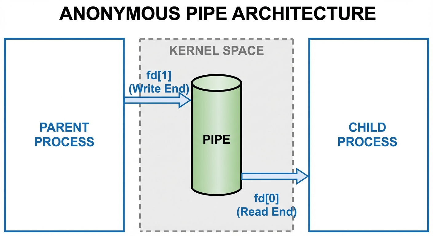 A detailed technical diagram illustrating Anonymous Pipe architecture. Two large rectangular blocks ...