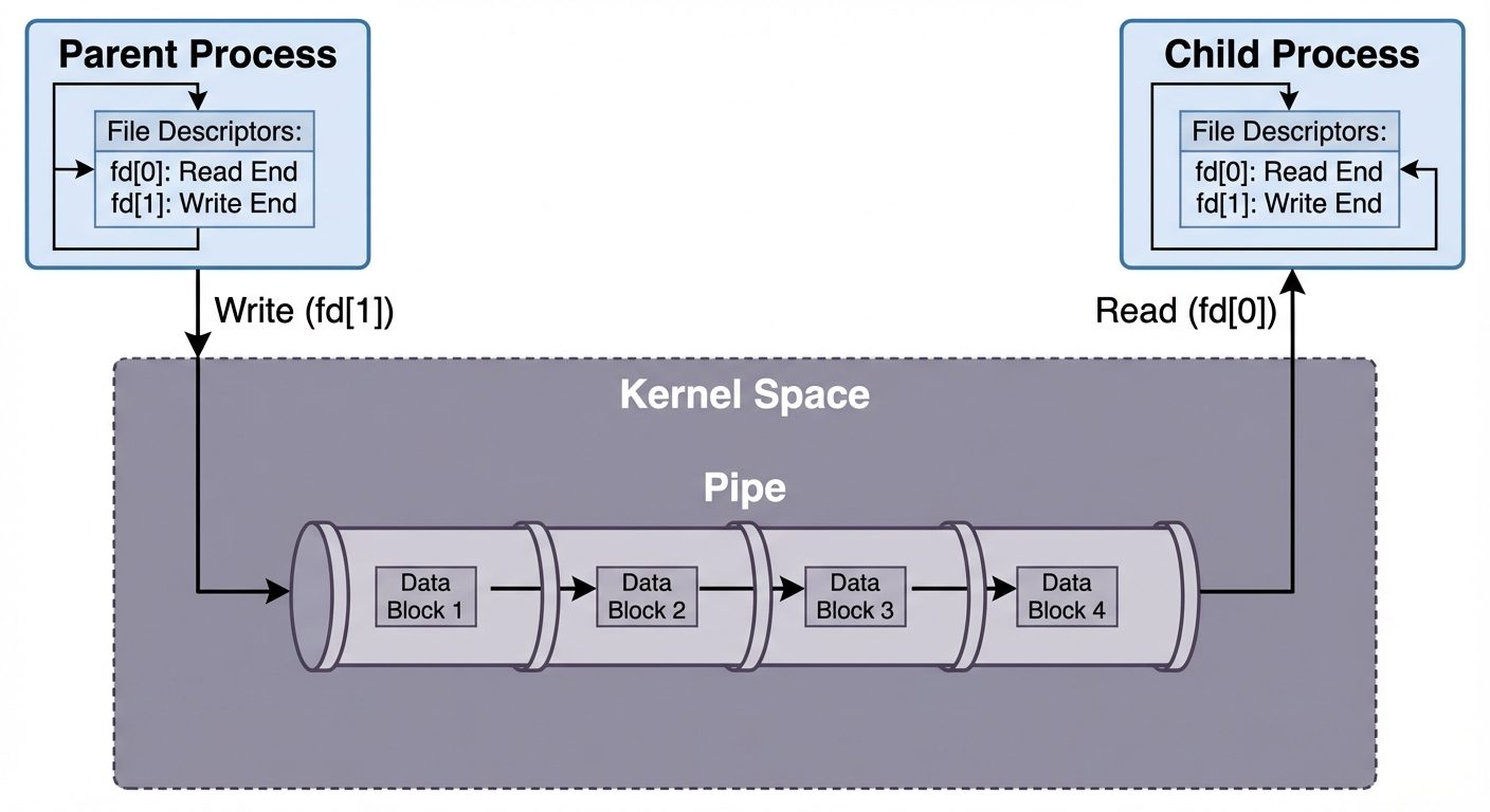 A technical diagram illustrating the concept of an Anonymous Pipe in an Operating System. The image ...
