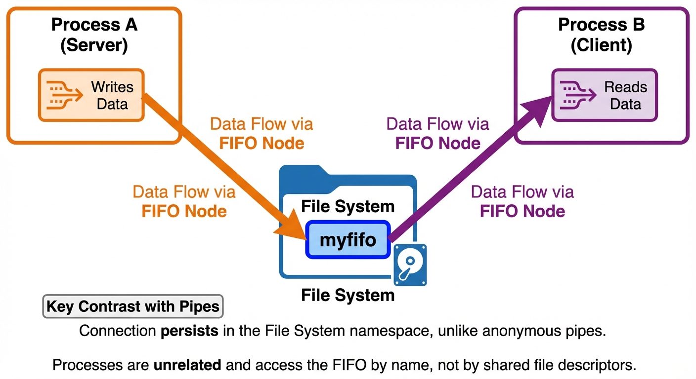 A conceptual block diagram showing IPC via a Named FIFO. The diagram should show two completely sepa...