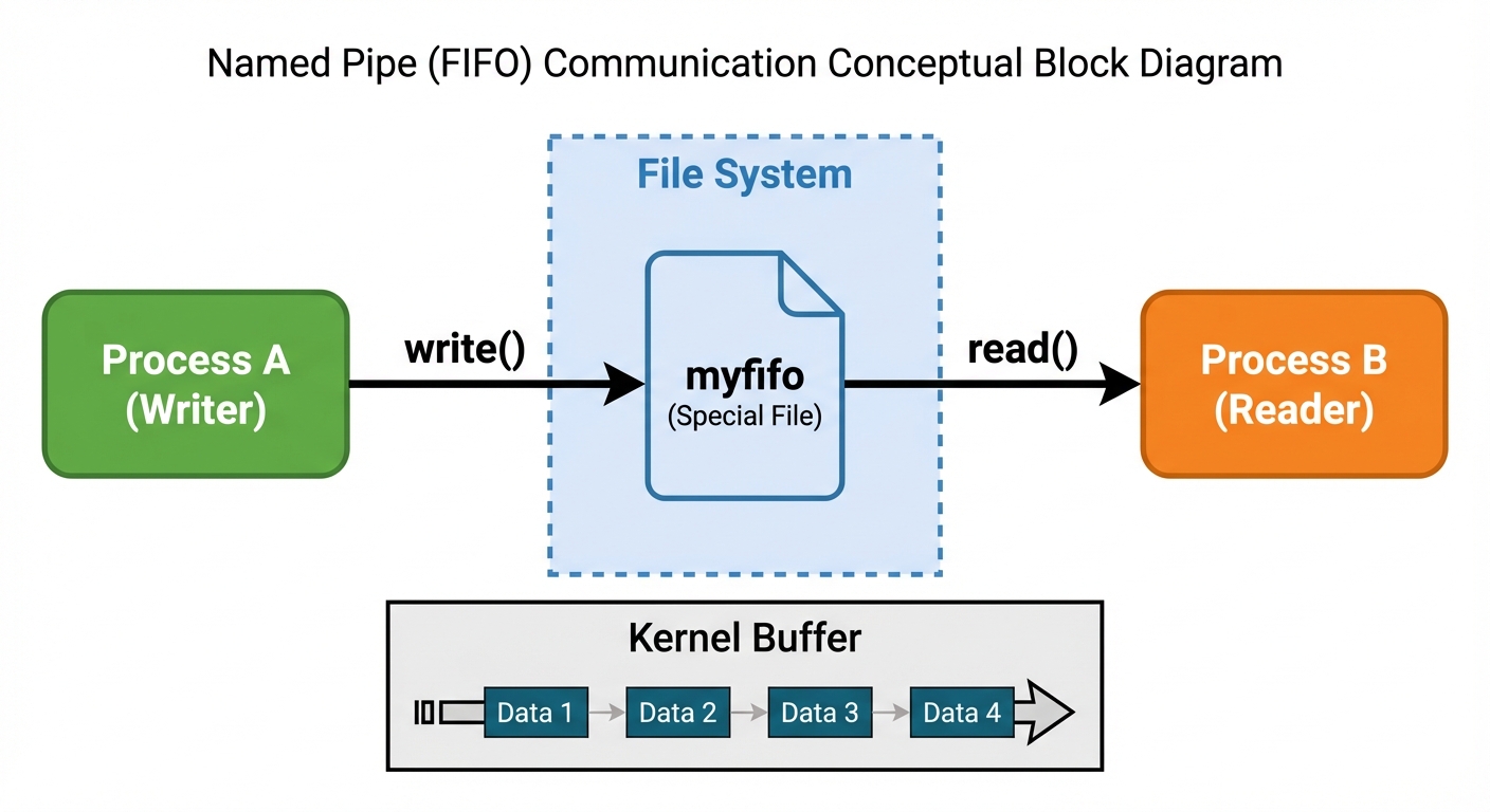 A conceptual block diagram showing Named Pipe (FIFO) communication between unrelated processes. On t...