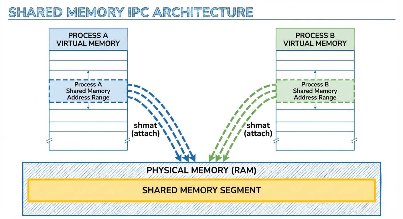 A detailed memory architecture diagram illustrating Shared Memory IPC. Show "Physical Memory (RAM)" ...