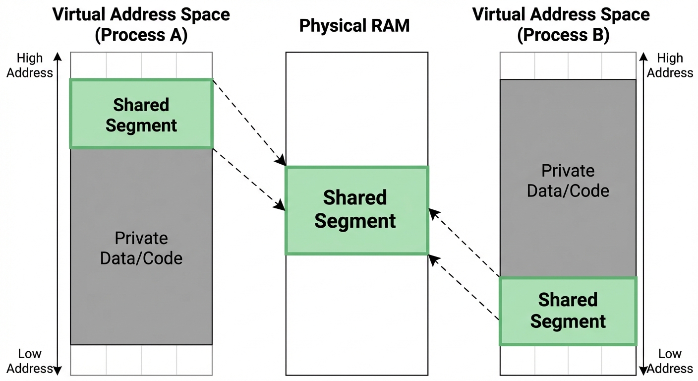 A memory layout diagram illustrating Shared Memory IPC. Two vertical columns represent "Virtual Addr...