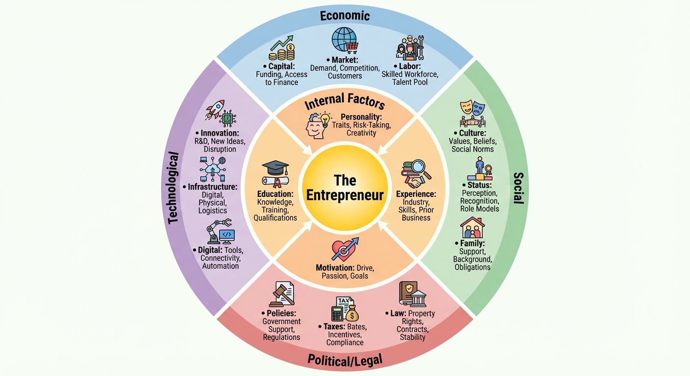 A concentric circle diagram depicting 'Factors Influencing Entrepreneurship'. In the center yellow c...