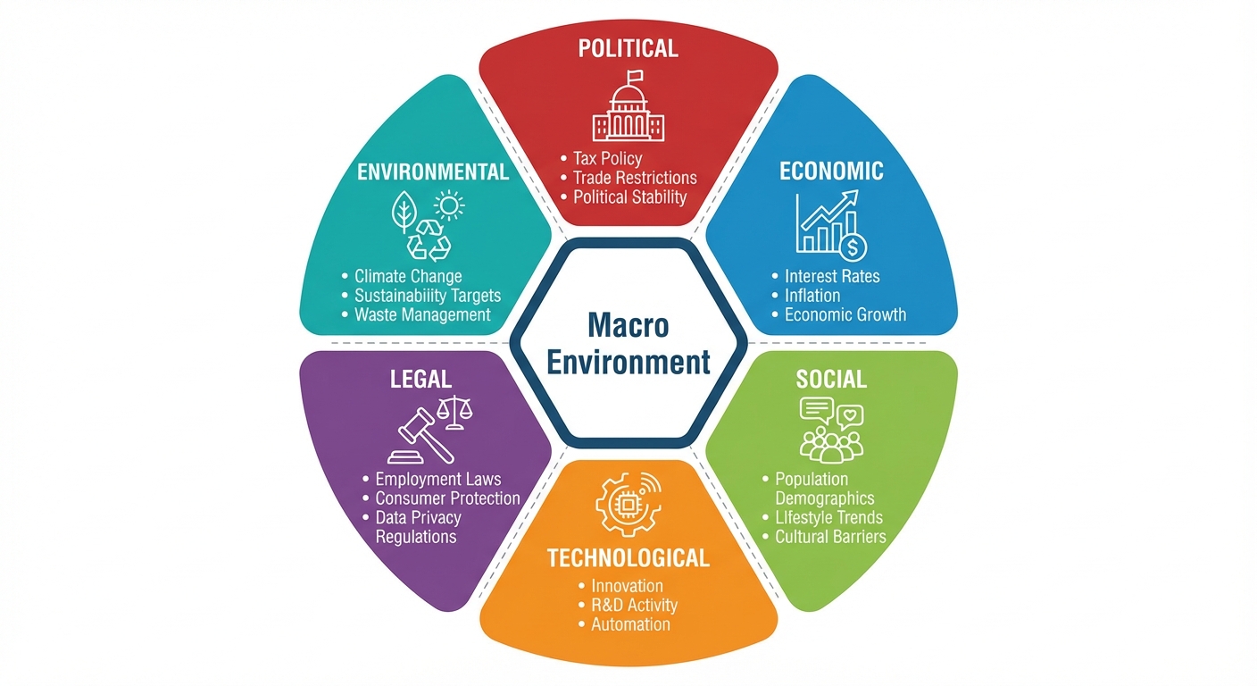 A comprehensive infographic diagram illustrating the PESTLE Analysis framework. The diagram should f...
