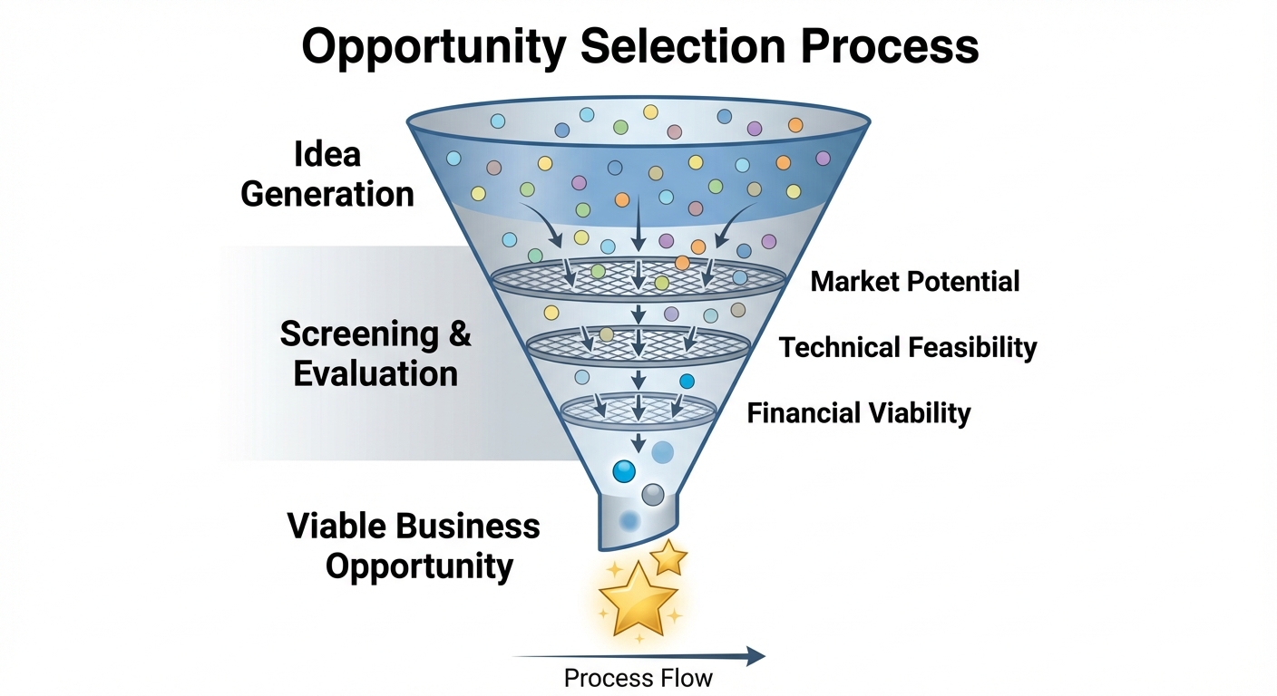 A vertical funnel diagram illustrating the "Opportunity Selection Process". The wide top of the funn...