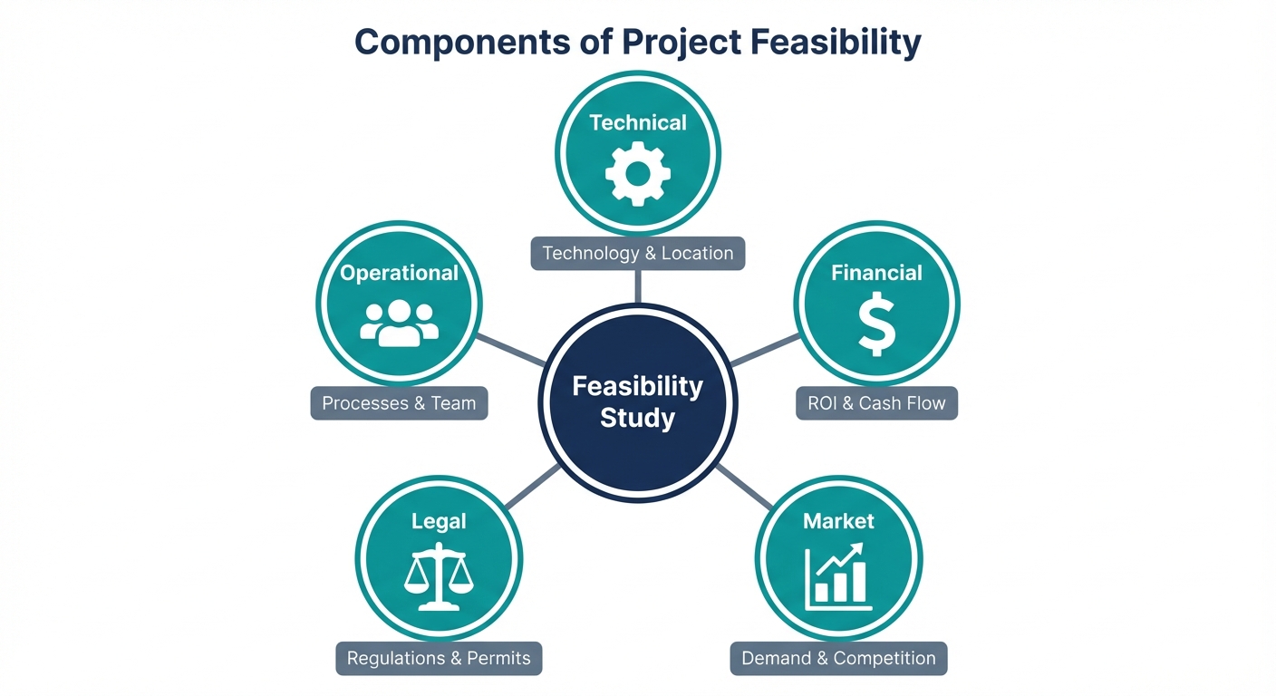 A central hub-and-spoke diagram titled "Components of Project Feasibility". The central circle is la...