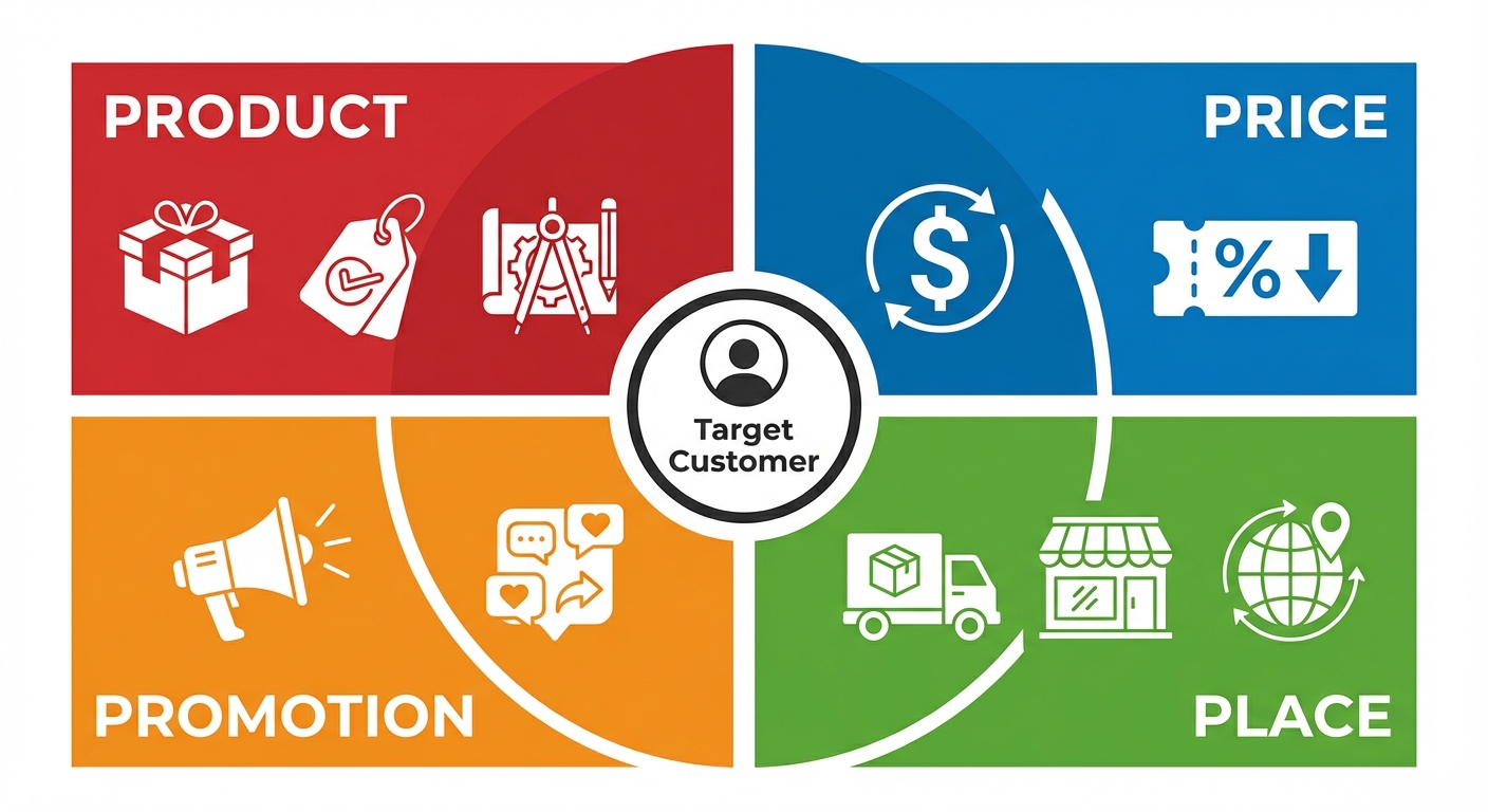 A detailed circular diagram illustrating the Marketing Mix (4 Ps). The diagram should be divided int...