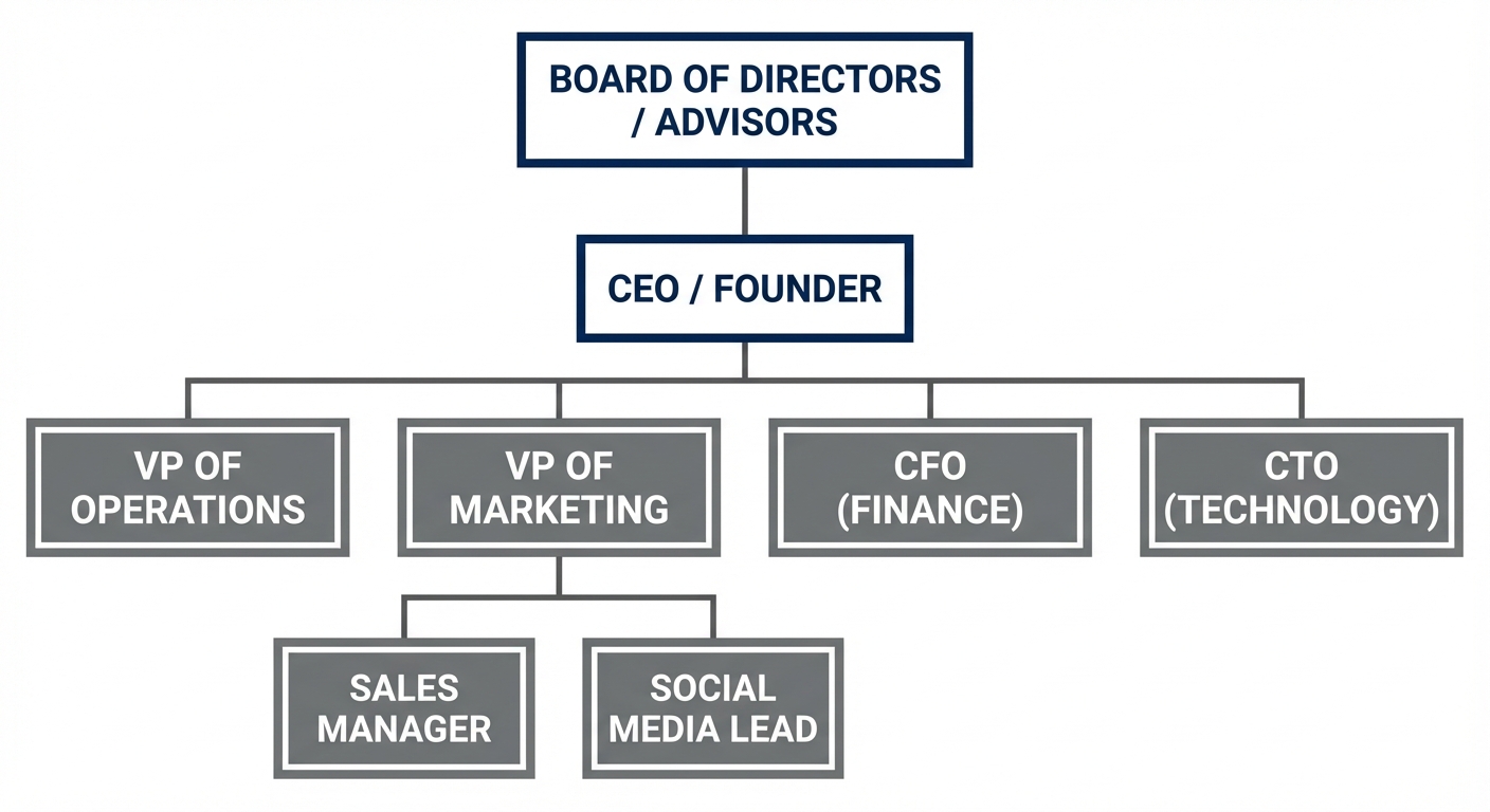 A hierarchical organizational chart for a startup business. The chart uses a tree structure. At the ...