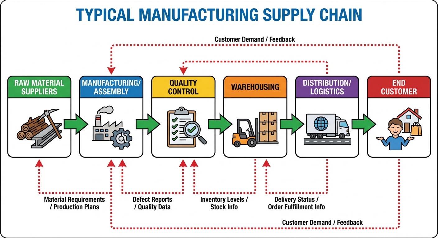 A horizontal process flowchart diagram showing a typical manufacturing supply chain. Left side start...