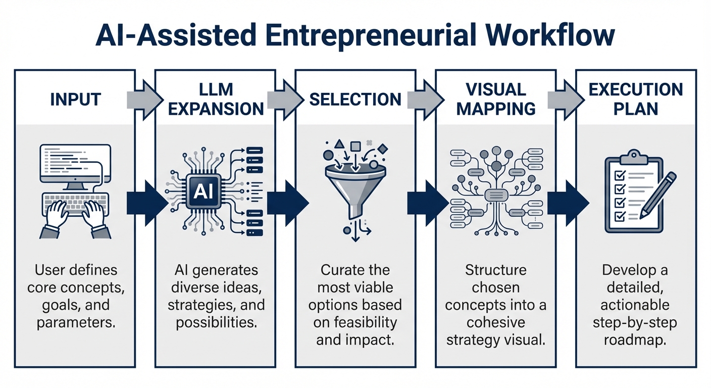 A horizontal process flowchart diagram displaying the 'AI-Assisted Entrepreneurial Workflow'. The di...