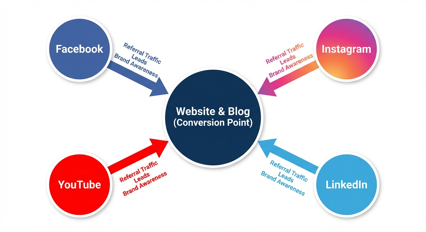 A conceptual Hub and Spoke diagram visualizing a digital marketing ecosystem. The central circle (Th...