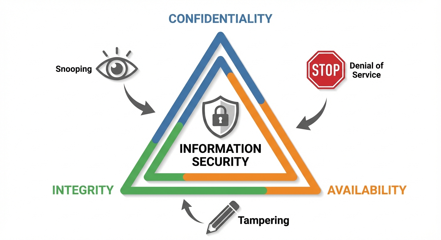 A detailed conceptual diagram illustrating the CIA Triad. The image should feature an equilateral tr...