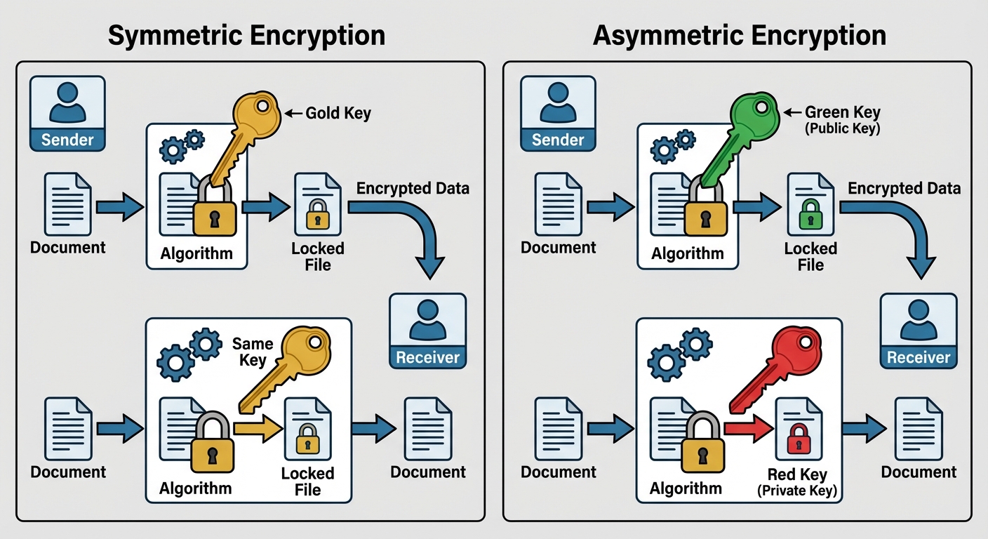 A comparison diagram split into two panels illustrating Symmetric vs. Asymmetric encryption. Panel 1...