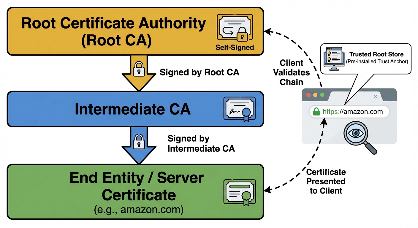 A vertical hierarchical block diagram showing the "Chain of Trust" in PKI. At the very top, a gold b...
