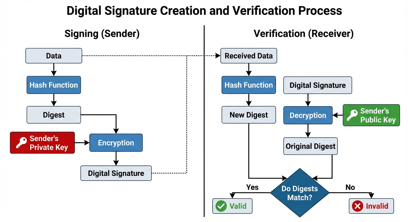 A step-by-step diagram showing the Digital Signature creation and verification process. The diagram ...