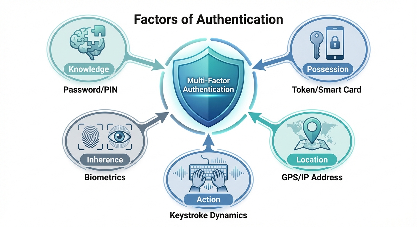 A detailed conceptual diagram illustrating the "Factors of Authentication". The image should feature...