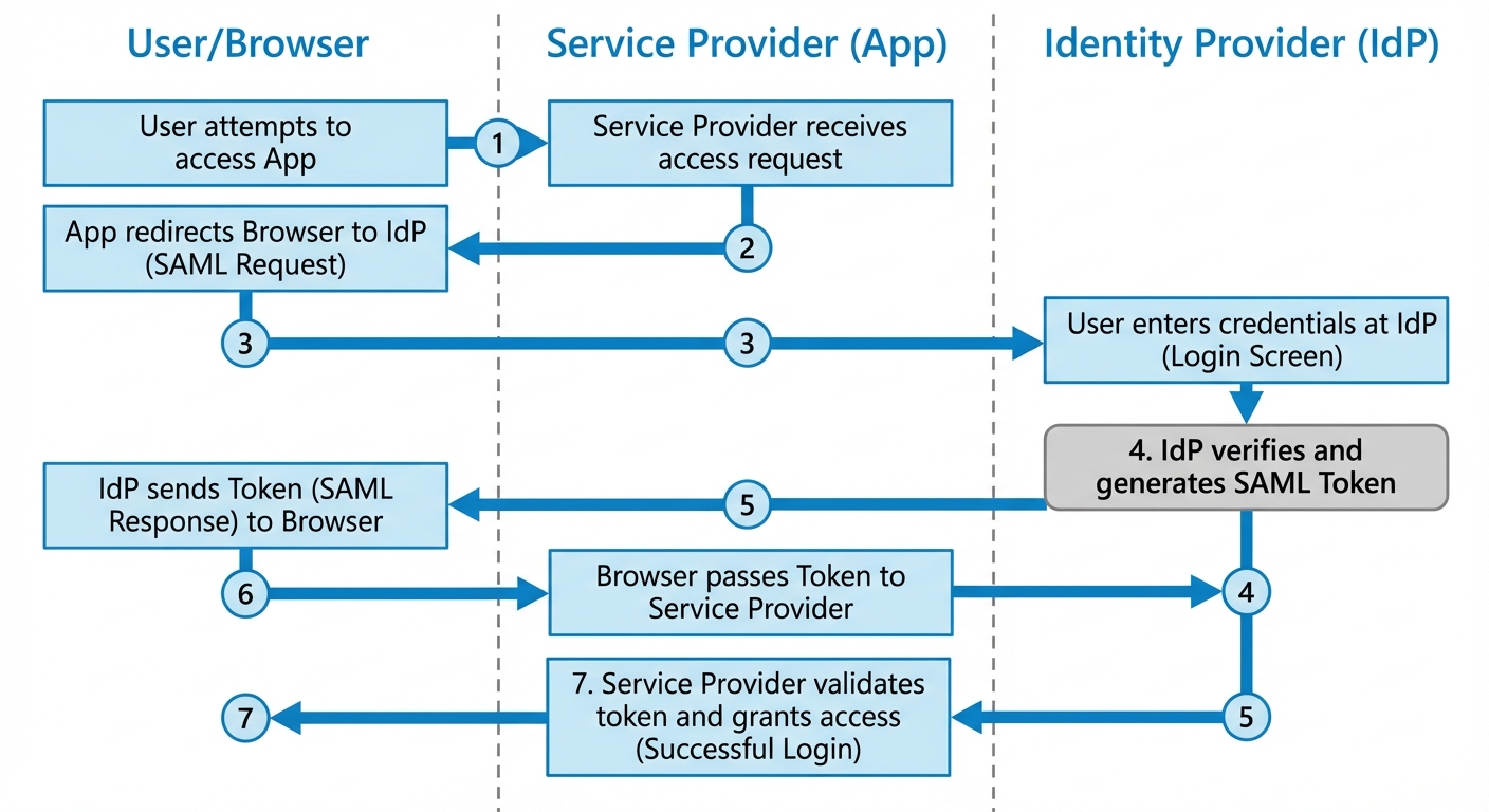 A flowchart diagram showing the steps of a SAML Single Sign-On (SSO) authentication process. The flo...