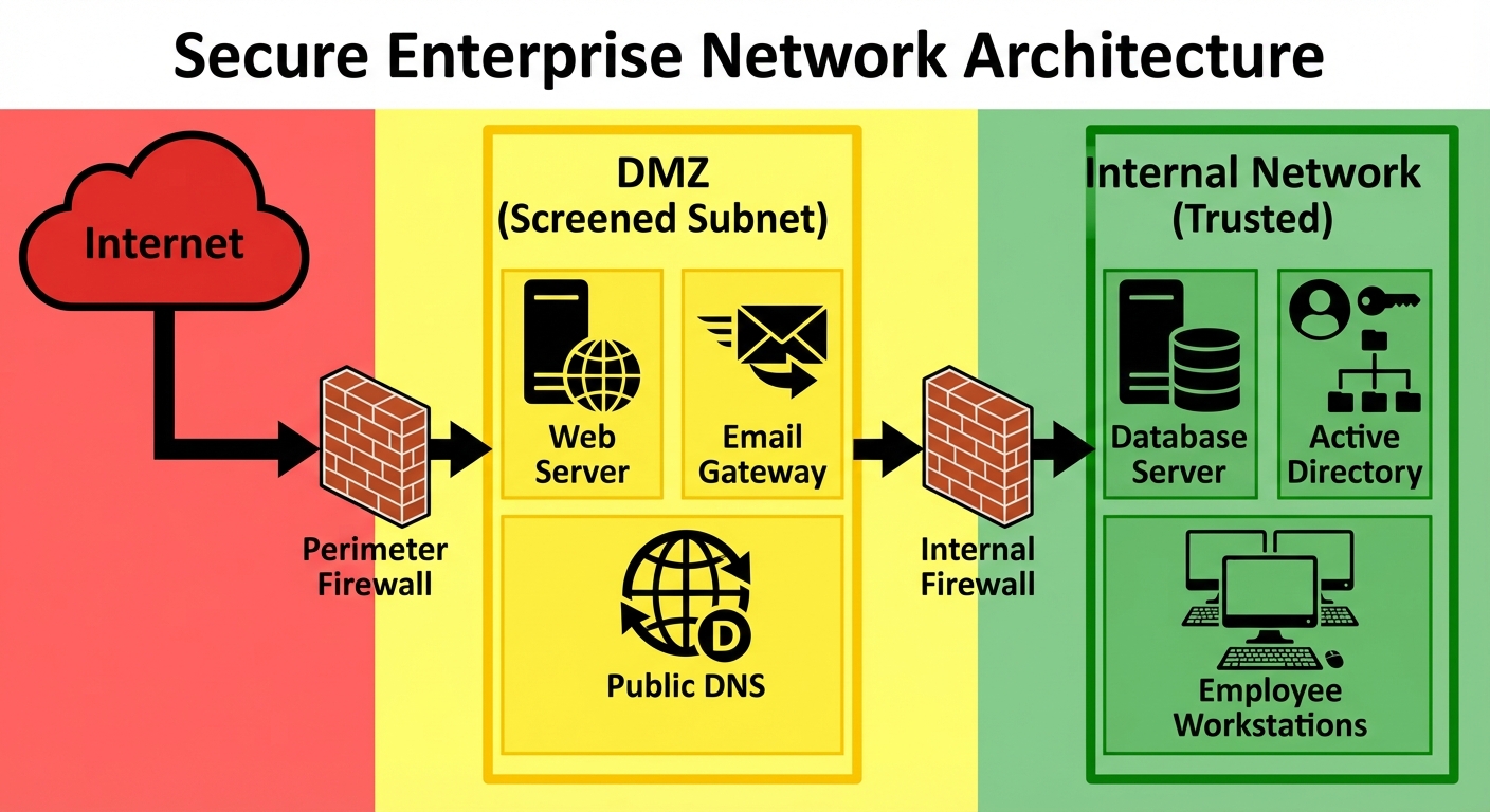 A detailed block diagram of a Secure Enterprise Network Architecture featuring a DMZ. On the far lef...