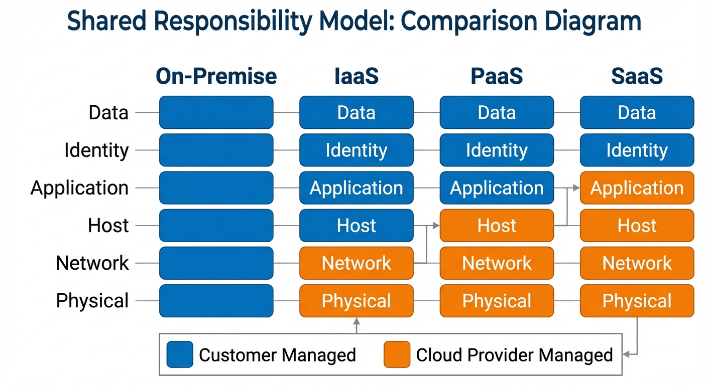 A detailed stacked bar chart comparison diagram illustrating the Shared Responsibility Model. There ...