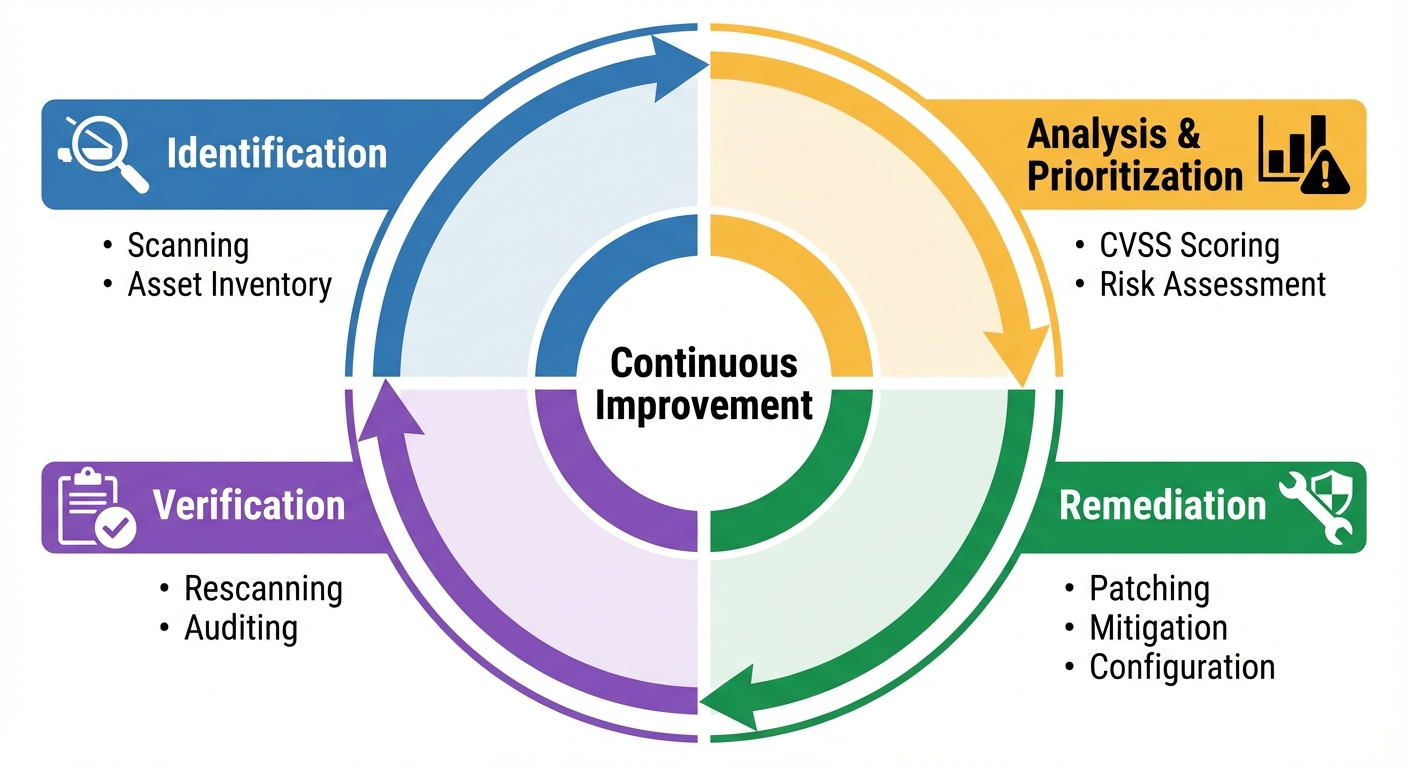 A circular flowchart diagram depicting the Vulnerability Management Lifecycle. The cycle should have...
