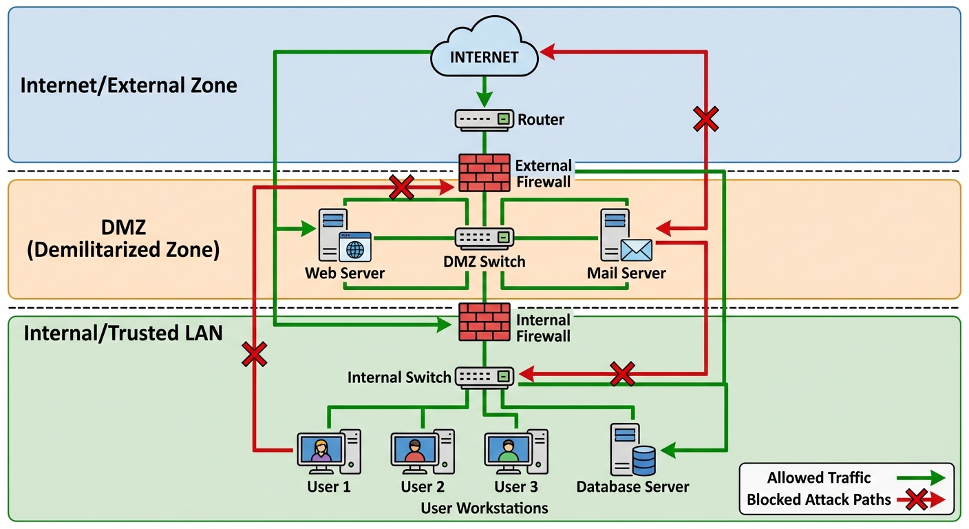 A detailed network topology diagram showing a segmented network architecture designed for security. ...