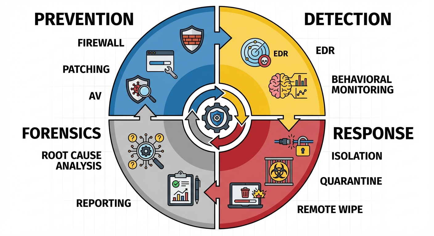 A cycle diagram illustrating the Endpoint Security Lifecycle. The diagram should be circular with fo...