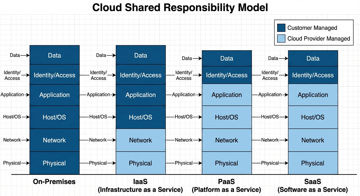 A stacked bar chart comparison diagram titled "Cloud Shared Responsibility Model". There should be f...