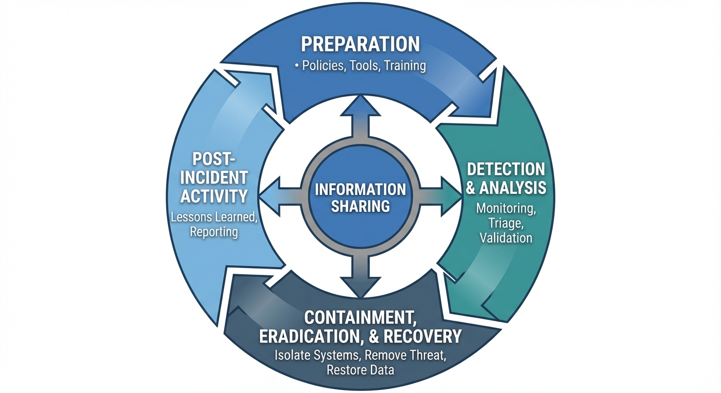 A circular cycle diagram illustrating the NIST Incident Response Life Cycle. The diagram should be d...