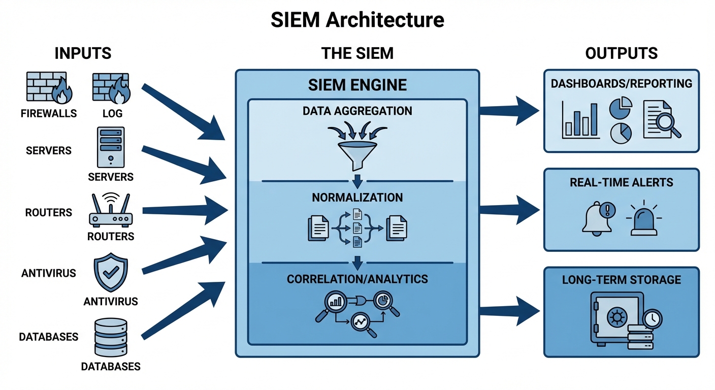 A block diagram visualizing a SIEM (Security Information and Event Management) Architecture.
Left Si...