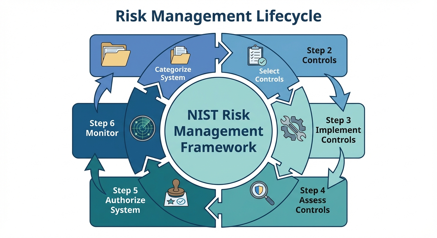 A circular flow diagram illustrating the Risk Management Lifecycle. The diagram should be divided in...