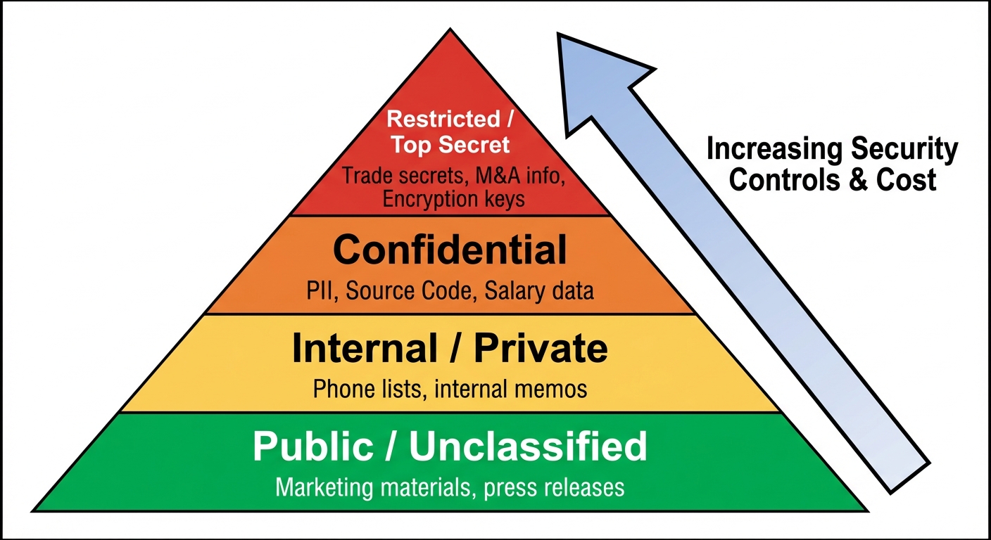A 4-level pyramid diagram illustrating Data Classification Levels. The pyramid is divided horizontal...