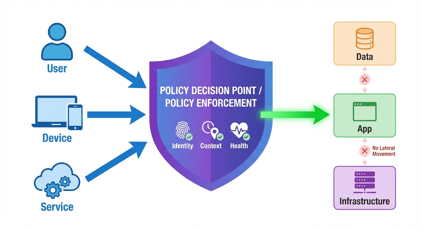 A conceptual diagram of Zero Trust Architecture. On the left, several entities labeled "User", "Devi...