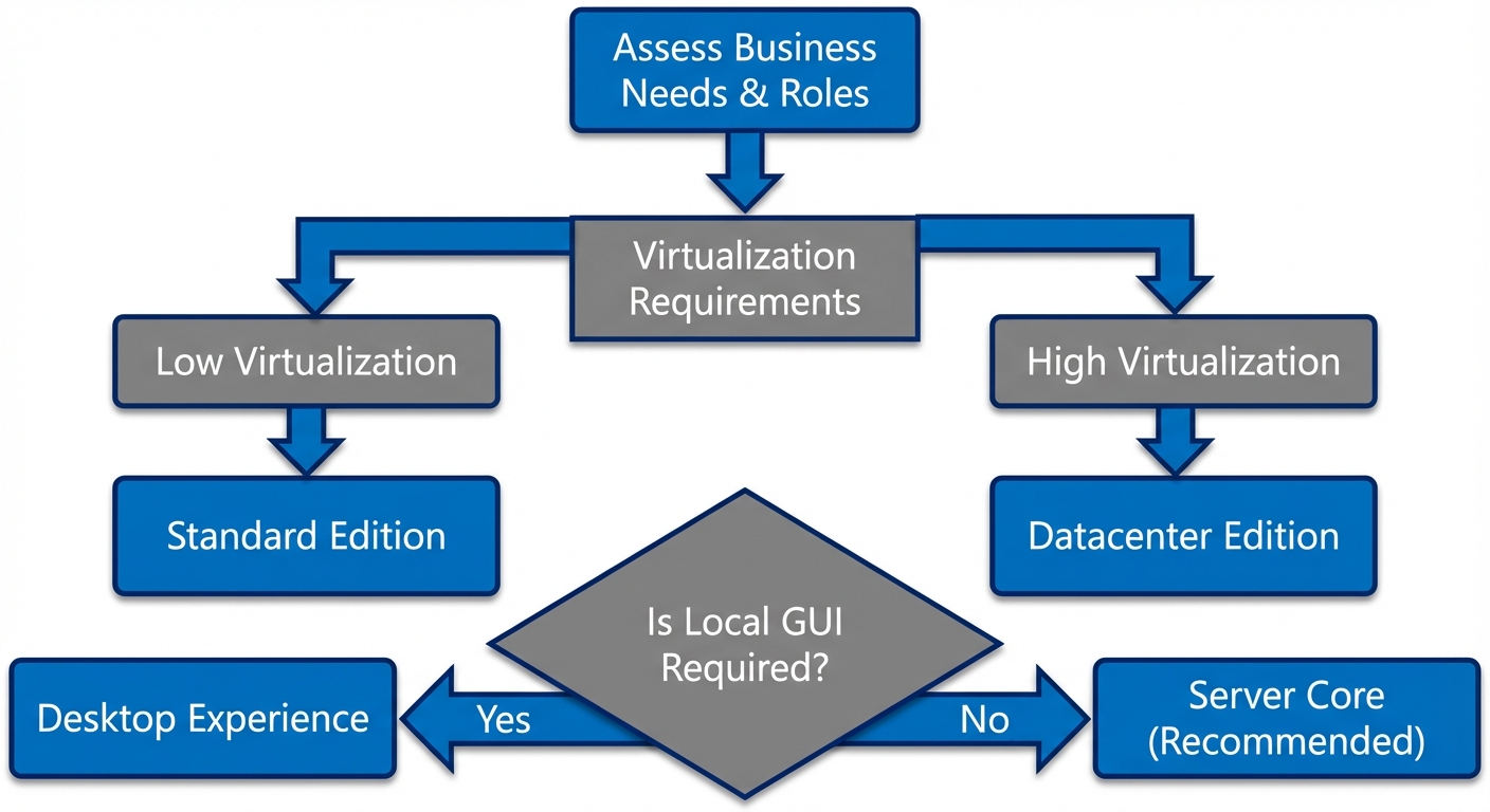 A decision tree flowchart diagram illustrating the Windows Server Installation Planning process. The...