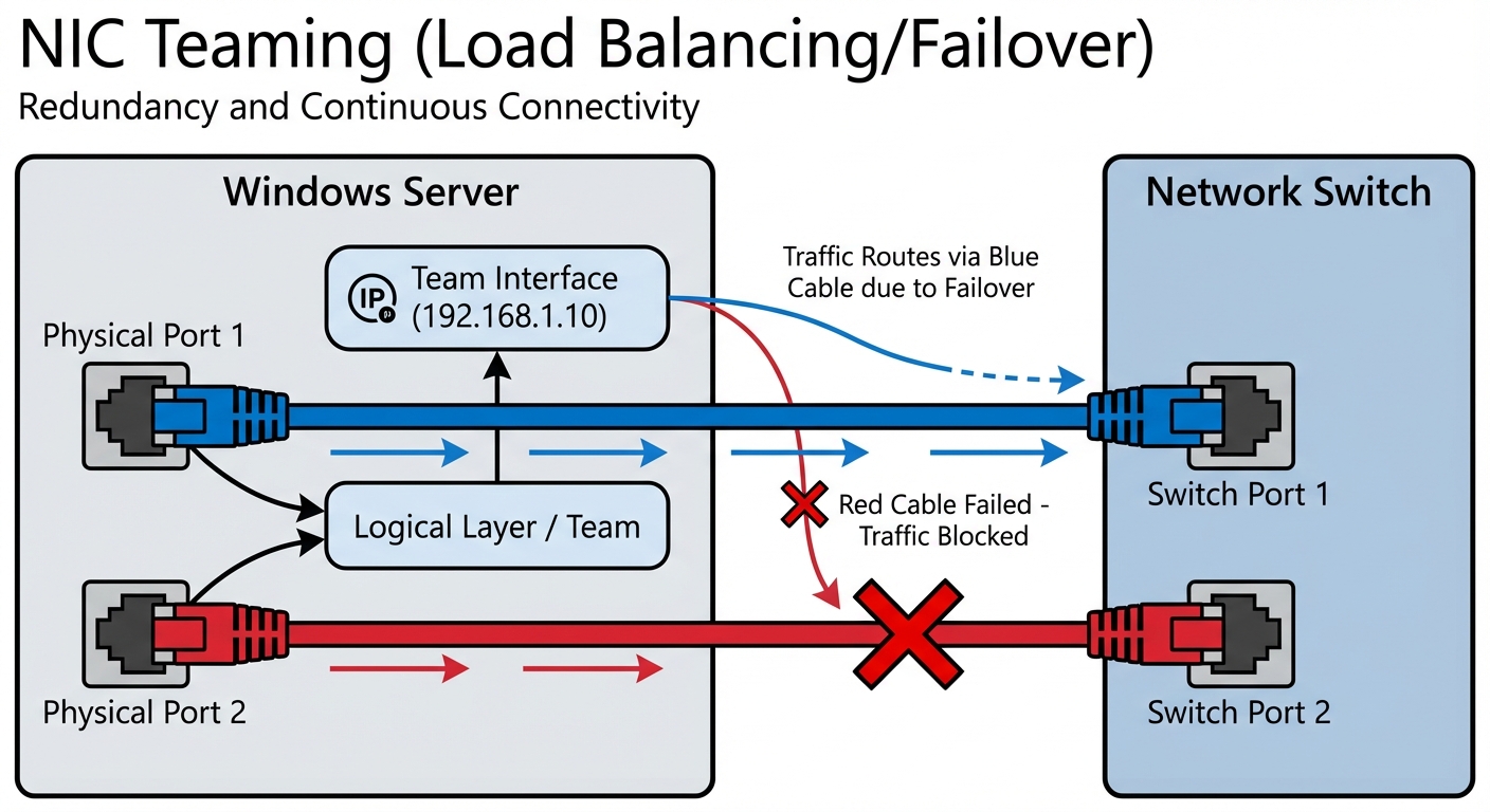 A technical diagram illustrating NIC Teaming (Load Balancing/Failover). On the left, a server labele...