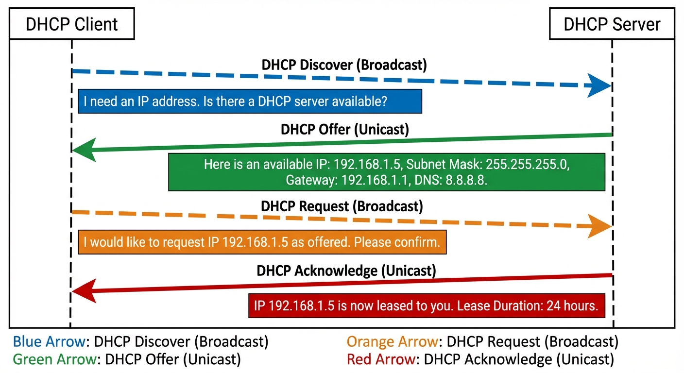 A detailed sequence diagram illustrating the DHCP "DORA" process (Discover, Offer, Request, Acknowle...