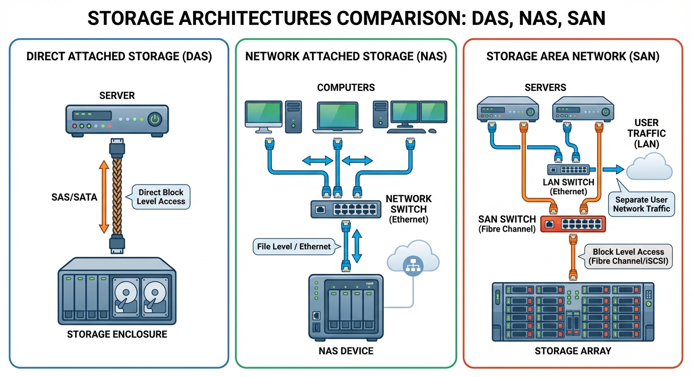 A comparison diagram illustrating DAS, NAS, and SAN architectures. The image should be split into th...