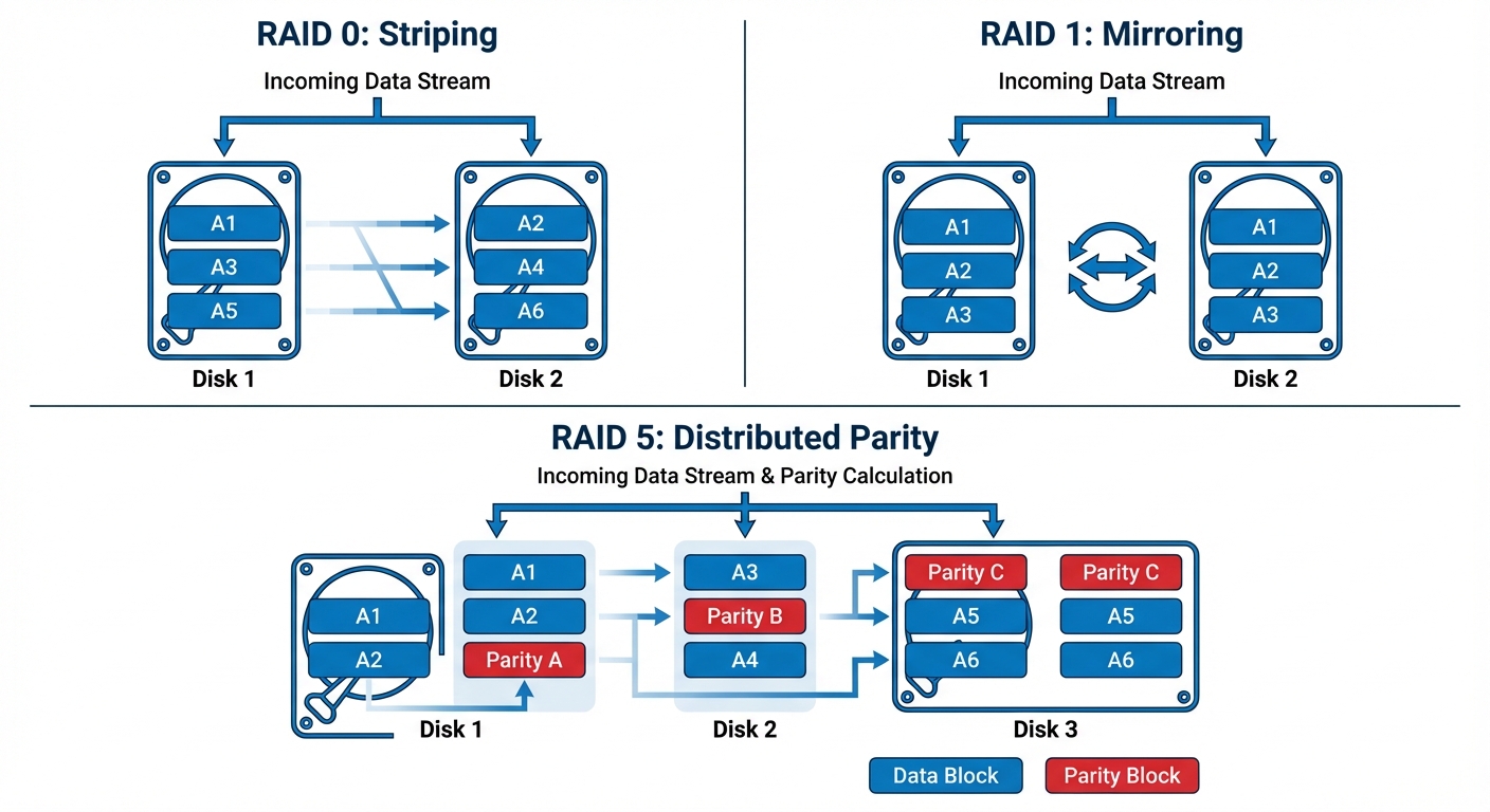 A technical diagram visualizing RAID 0, RAID 1, and RAID 5 data distribution. Top row shows RAID 0: ...