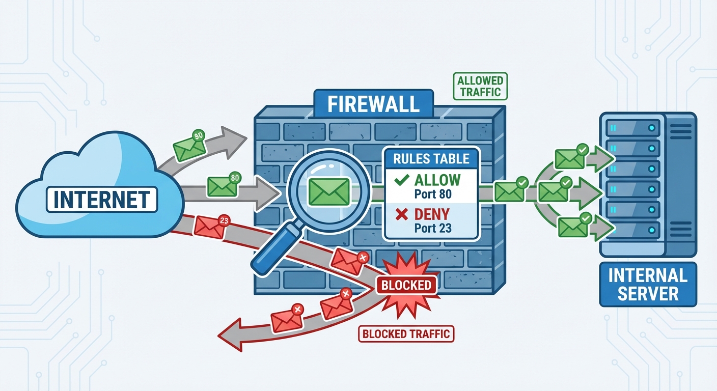 A detailed network diagram illustrating a Packet Filtering Firewall operation. On the left is a clou...