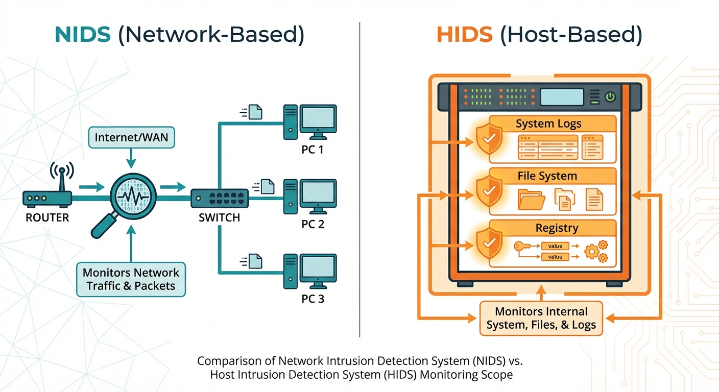 A comparison block diagram showing the difference between NIDS and HIDS. The diagram is split into t...
