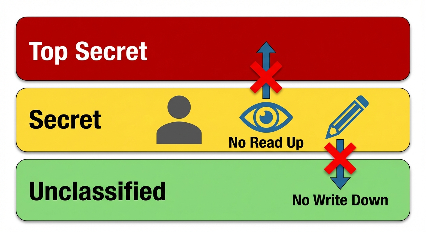 A conceptual diagram visualizing the Bell-LaPadula Model rules. The diagram should show three horizo...