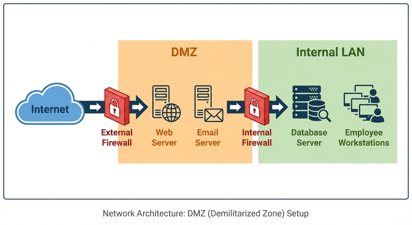 A network architecture diagram illustrating a DMZ (Demilitarized Zone) setup. On the far left is the...